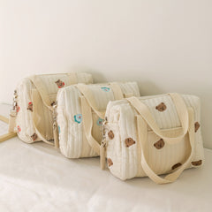 Beige Diaper Bag Cotton Fabric Zipper Large Travel Stroller Organizer