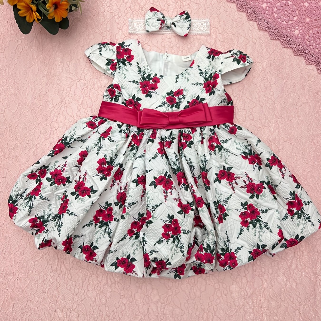 Baby Girl's Floral Print Pleated Dress Flutter Sleeve