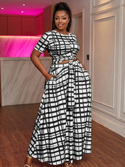 Plaid Crop Top & Maxi Skirt Set Women's Plus Medium Stretch 2pcs Outfit