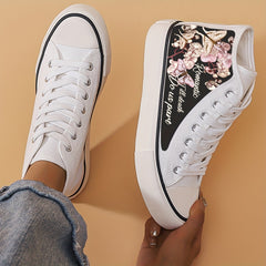 Women's Butterfly & Letter Print Canvas High Top Sneakers Lace Up Outdoor Shoes