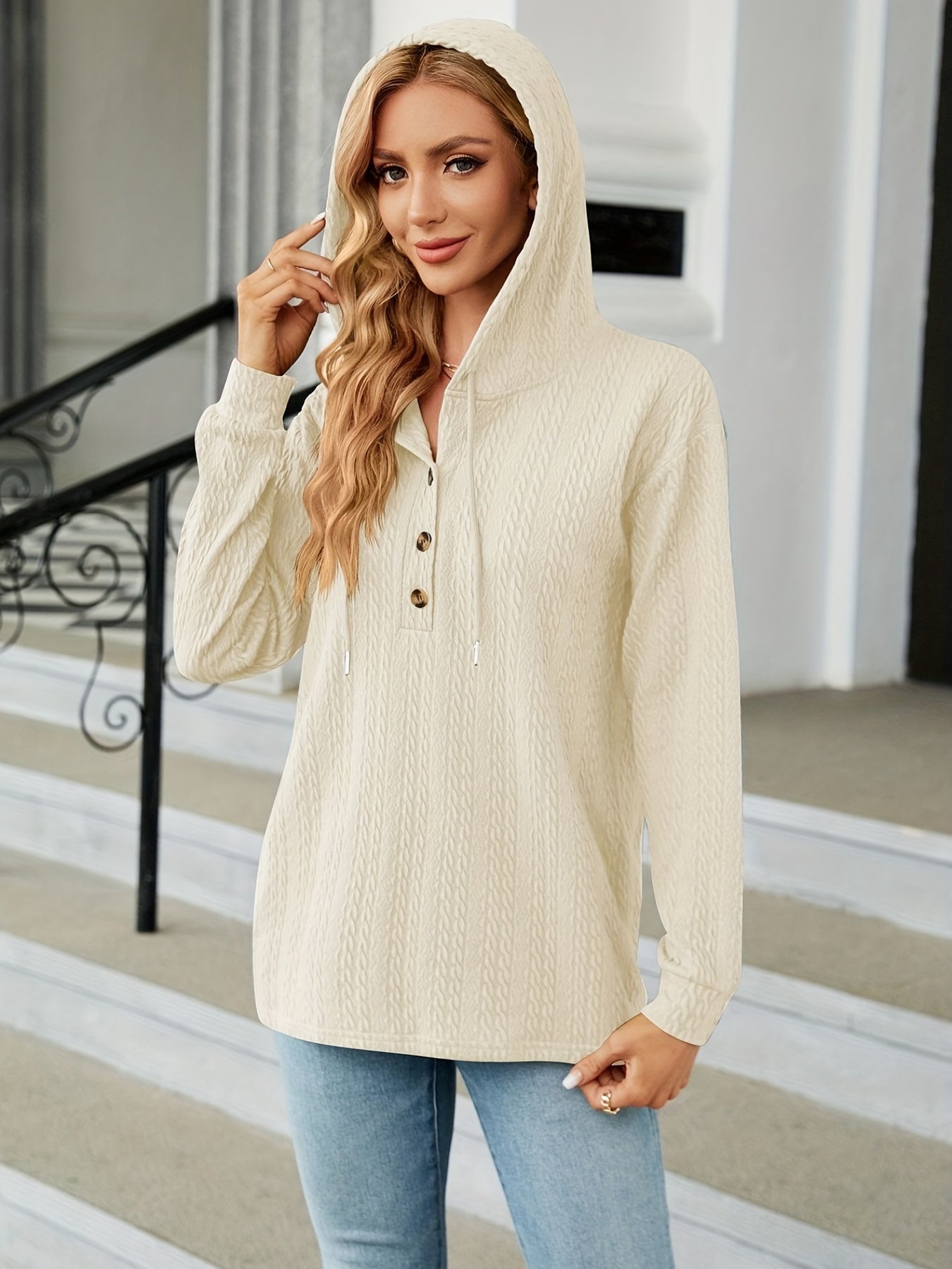 Textured Drawstring Button Front Hoodie for Women
