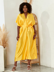 Women's Plus Satin Short Sleeve Belted Kimono Cover Up