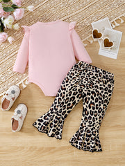 Leopard Letter Print Baby Set Long Sleeve Romper Flare Pants 2pcs