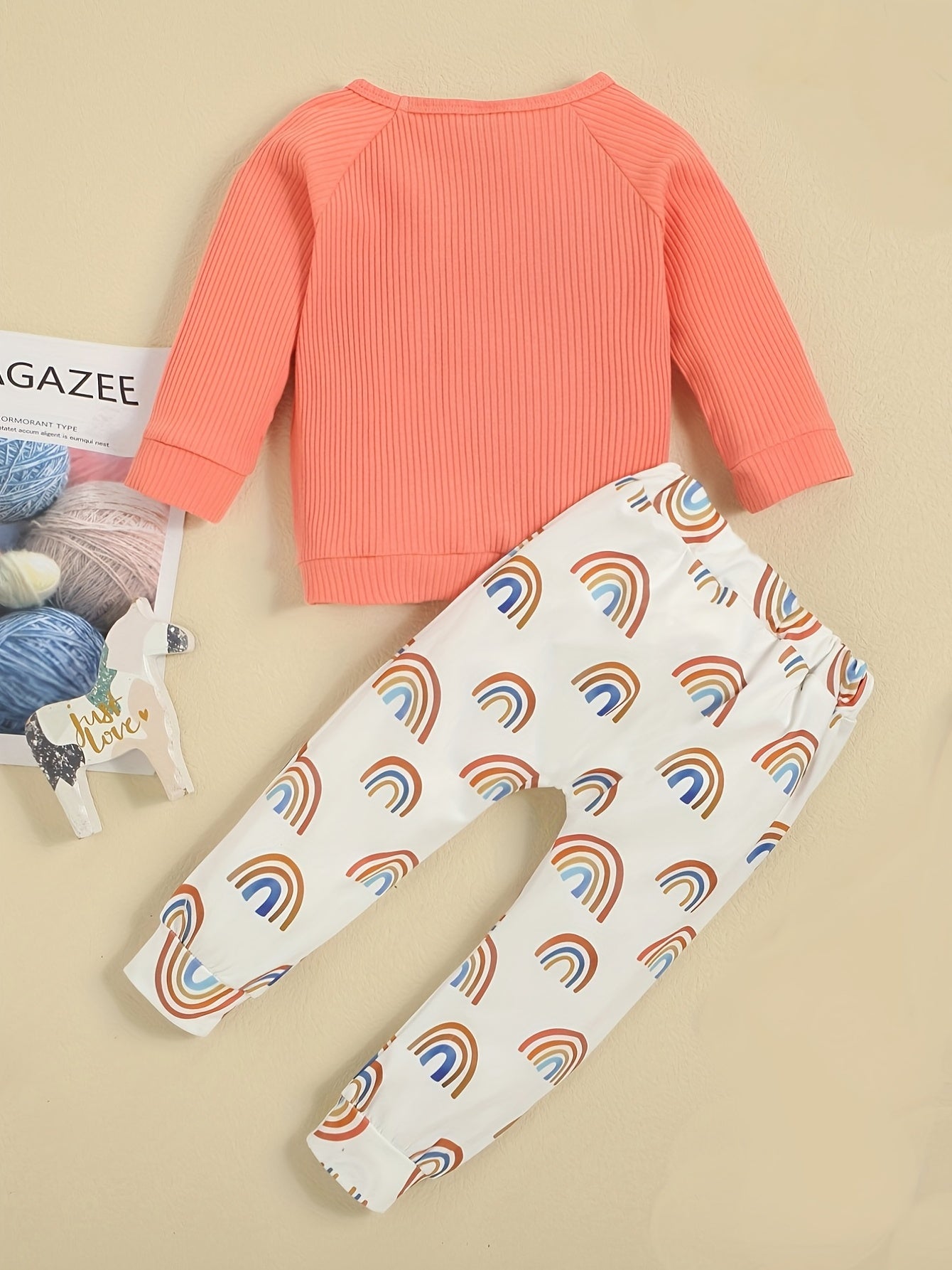 Baby Girl's Ribbed Top & Rainbow Print Pants Set