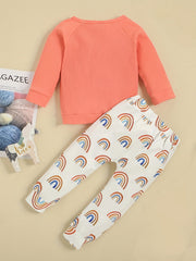 Baby Girl's Ribbed Top & Rainbow Print Pants Set