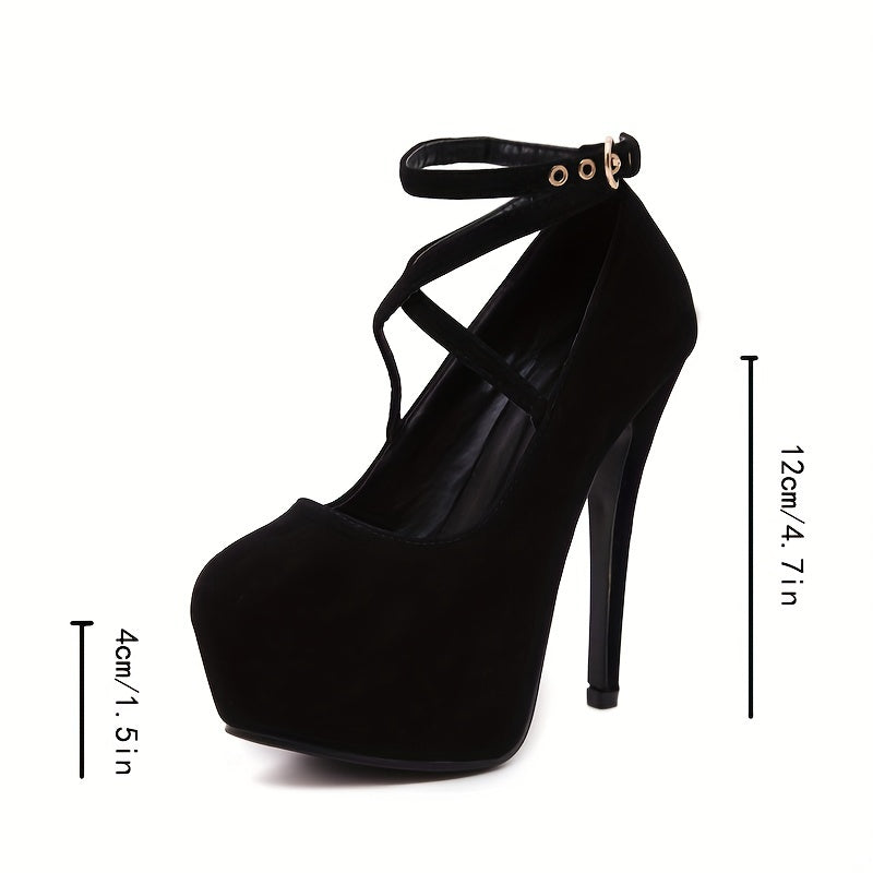 Suede Pattern Platform Stiletto Heels Ankle Strap Buckle Shoes