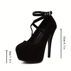 Suede Pattern Platform Stiletto Heels Ankle Strap Buckle Shoes