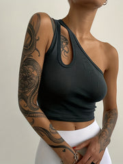 Ribbed Crop Top Hollow Out One Shoulder Sleeveless Top