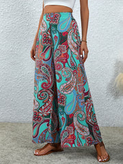 Paisley Print Wide Leg Pants Elastic Waist Casual Pants