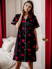 Heart Print Satin Nightdress Short Sleeve Button Sleep Dress