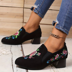 Floral Embroidered Slip On Chunky Heel Shoes