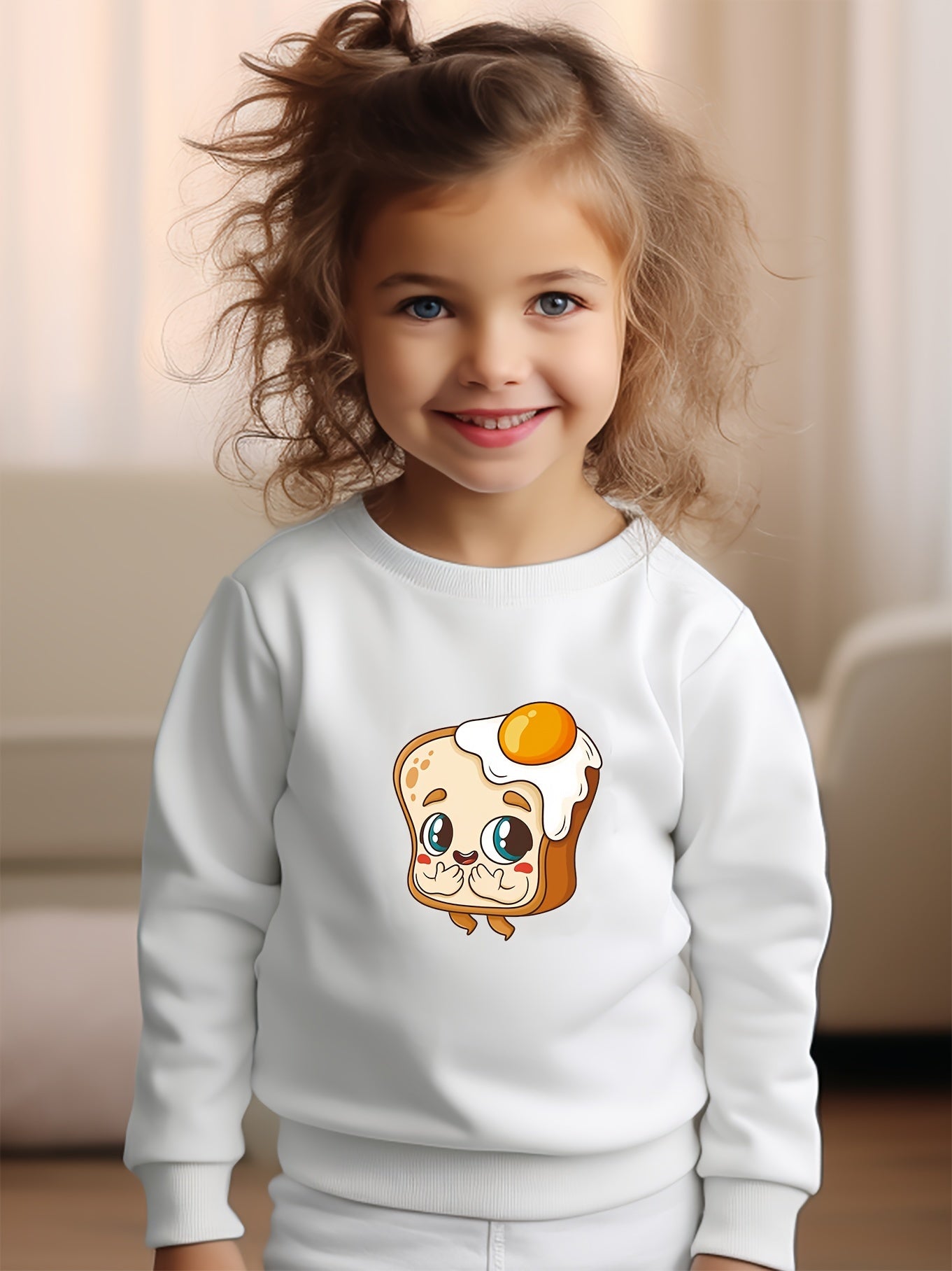 Girls Toast Pattern Crew Neck Sweatshirt for Spring Fall