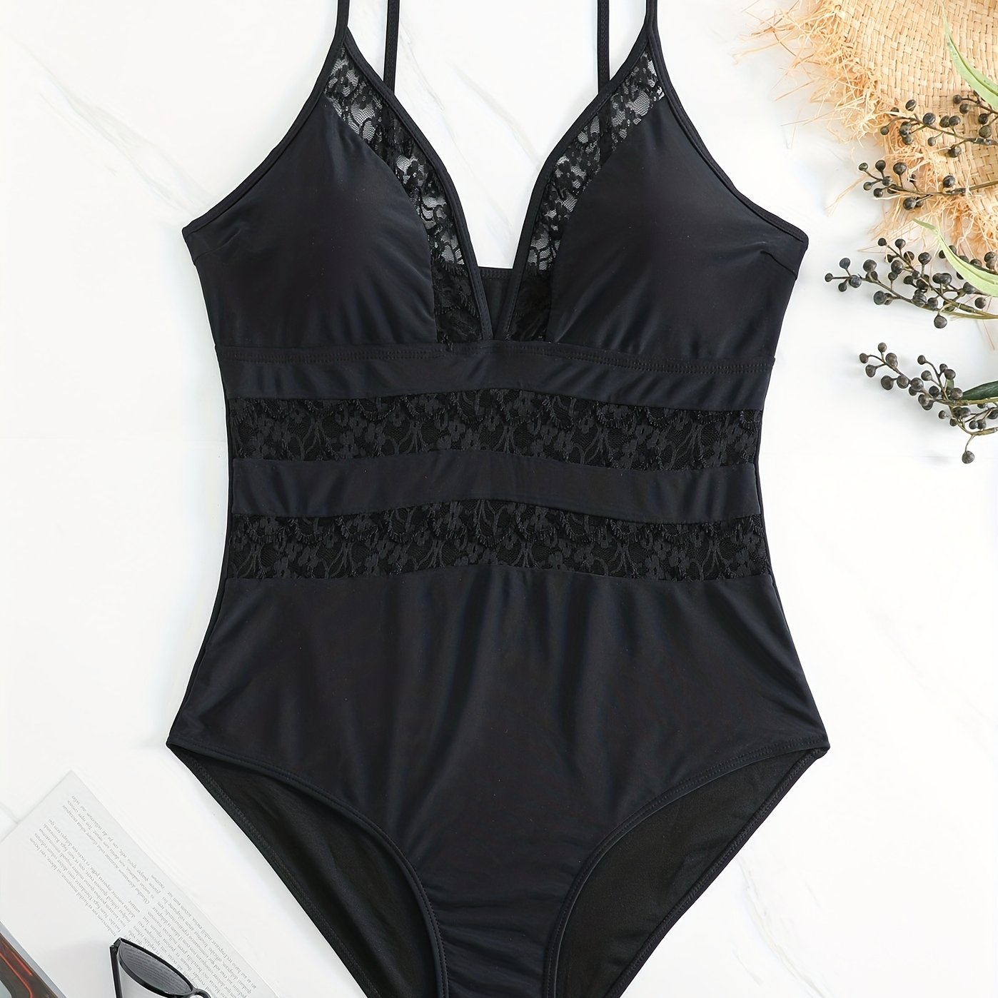Sexy Swimsuit Women's Lace Deep V Neck One Piece Swimsuit