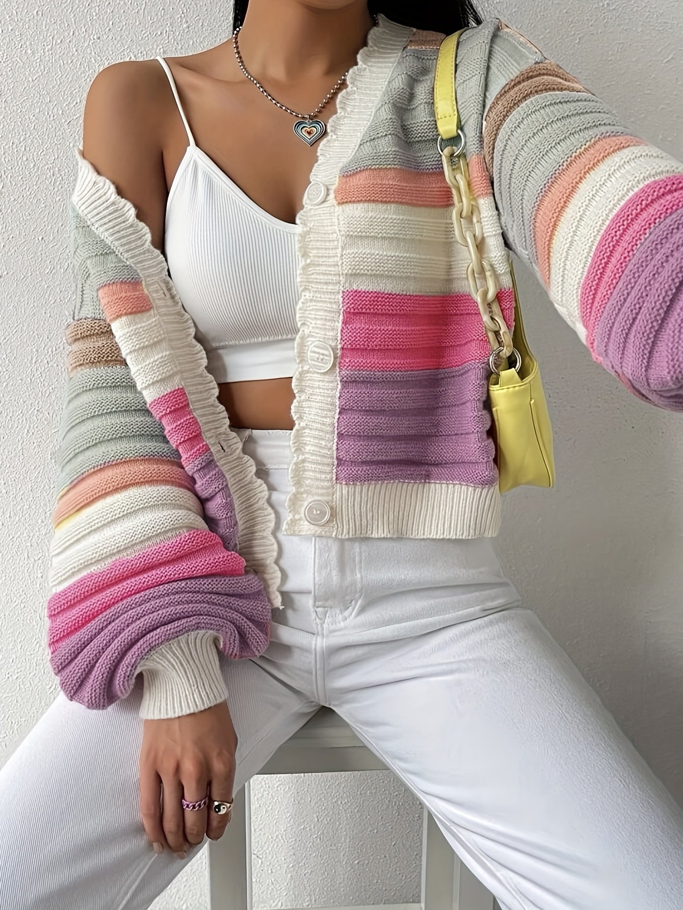 Striped Button Up Scallop Trim Cardigan Casual Long Sleeve Sweater