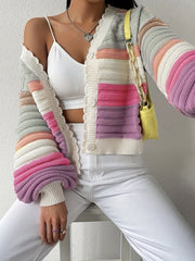 Striped Button Up Scallop Trim Cardigan Casual Long Sleeve Sweater