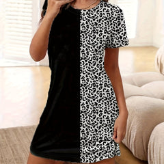 Leopard Stitching NightDress Short Sleeve Crew Neck Pajama Dress