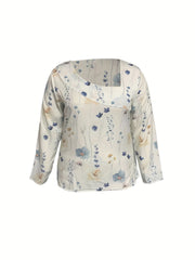Casual Blouse Women's Plus Floral Print Long Sleeve Irregular Neck