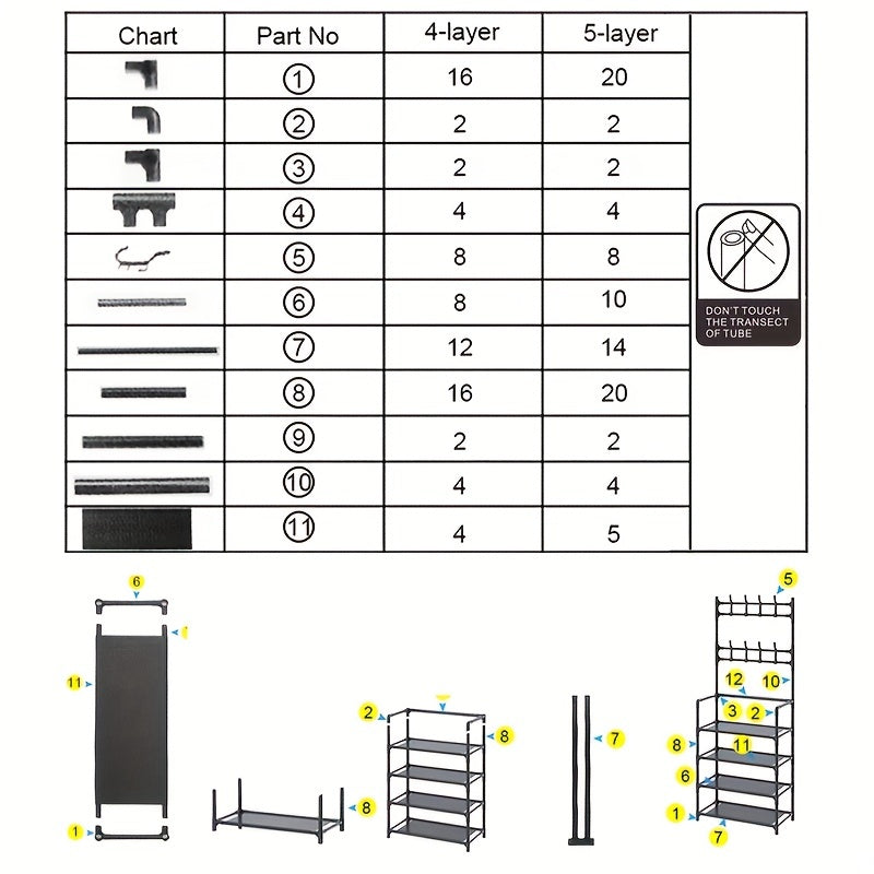 Stackable Shoe Rack With 8 Hooks 4 Layers Waterproof Cloth