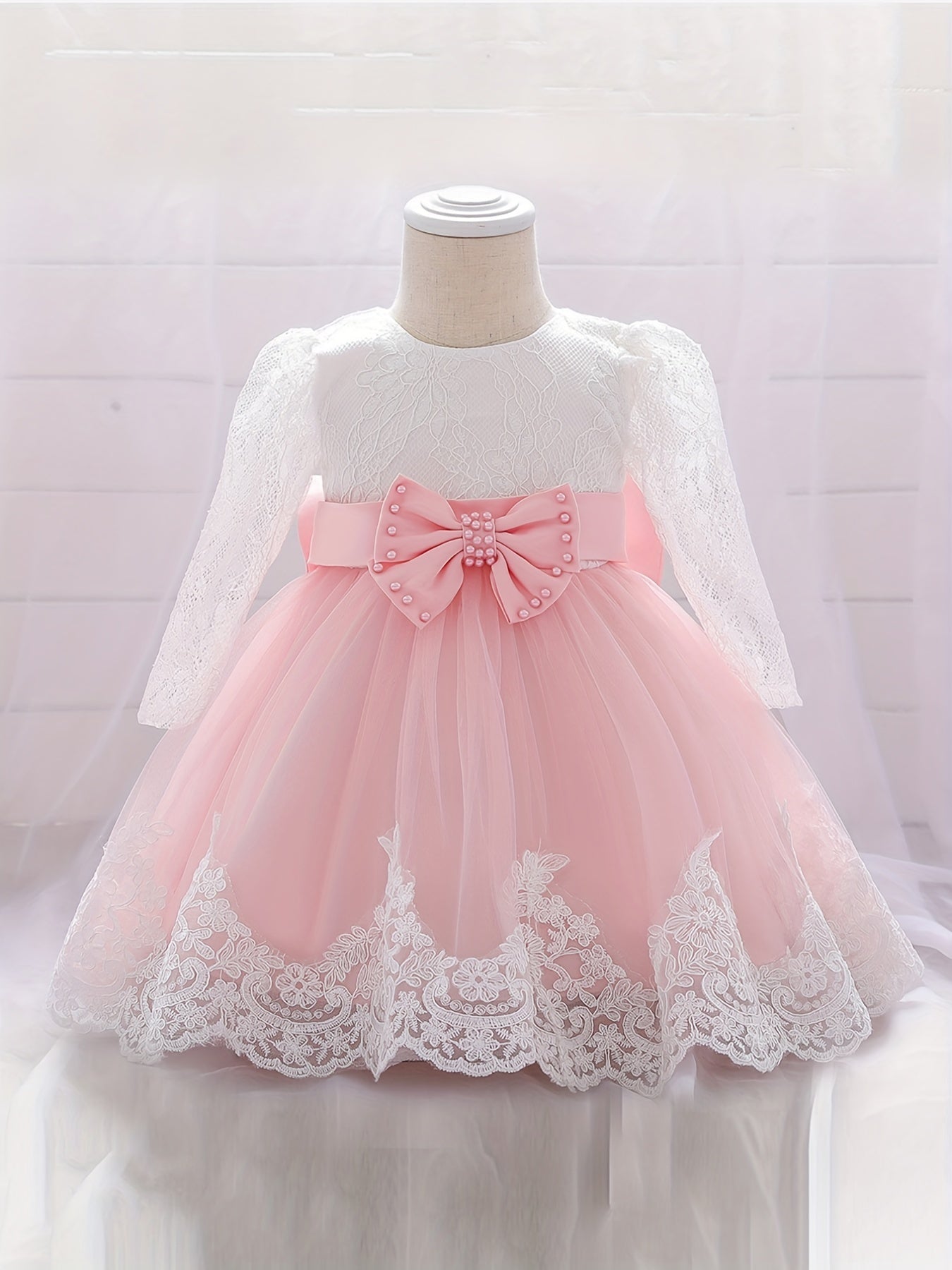 Bow Princess Gown Dress Girls Long Sleeve Lace Floral Stitching One Year's Dress