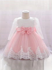Bow Princess Gown Dress Girls Long Sleeve Lace Floral Stitching One Year's Dress