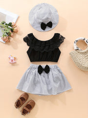 3pcs Baby Girls Lace Off shoulder Tops Polka Dot Skirt Hat Summer Clothes Sets