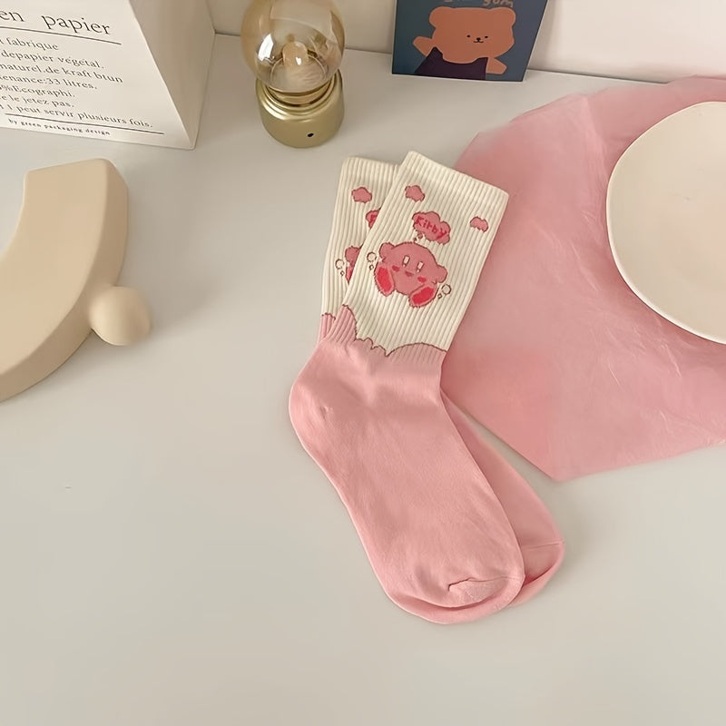 5 Pairs Soft Pink & Cartoon Crew Socks Pack Women's Stockings