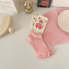 5 Pairs Soft Pink & Cartoon Crew Socks Pack Women's Stockings