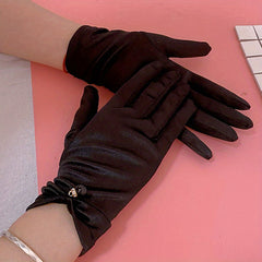 Faux Pearl Decor Satin Gloves Solid Elastic Gloves Wedding Bridal Dress Gloves