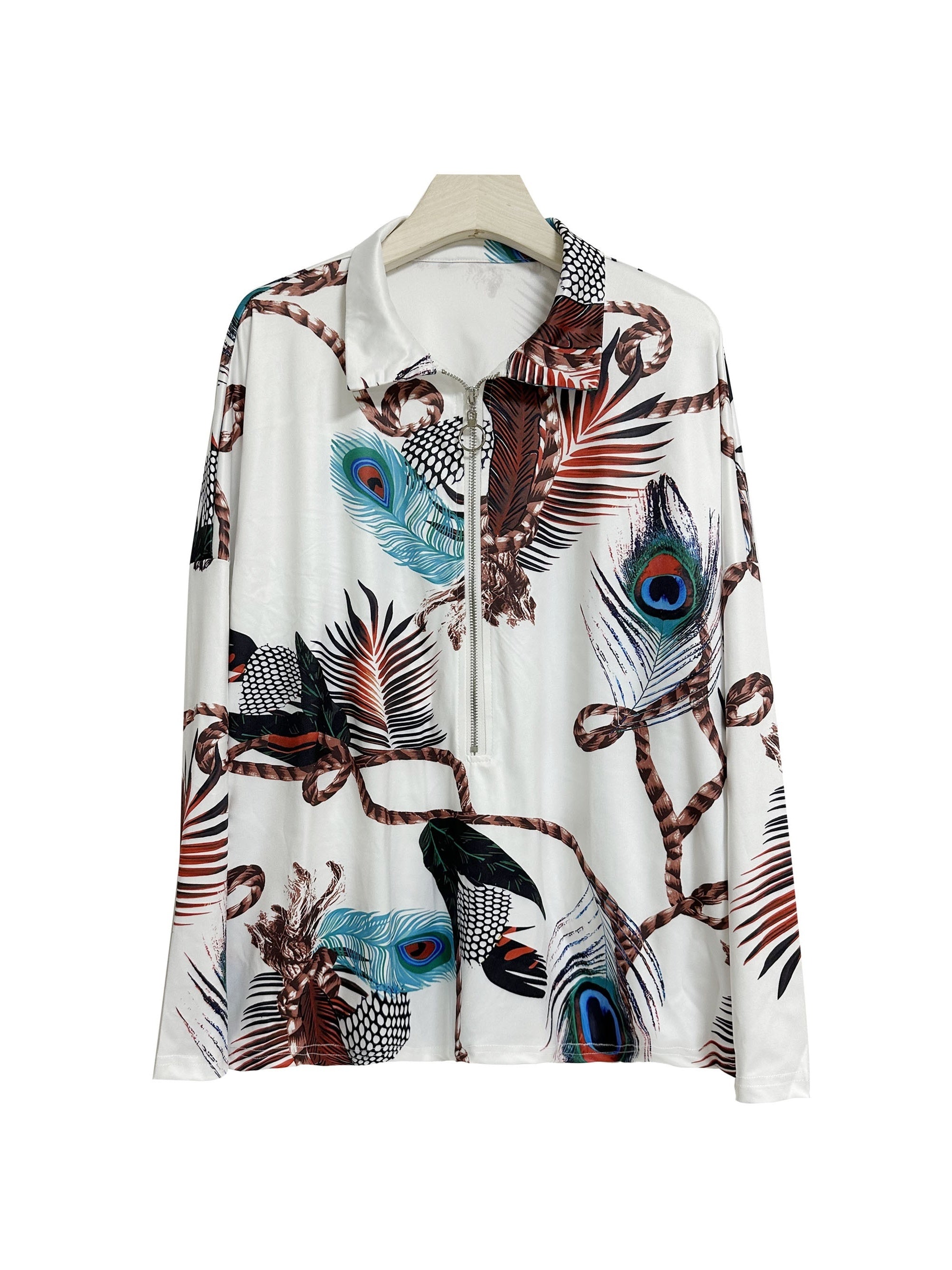 Feather Print Zipper Blouse & Shorts Set