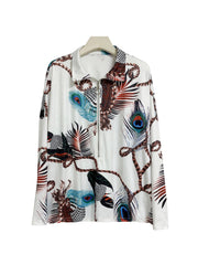 Feather Print Zipper Blouse & Shorts Set