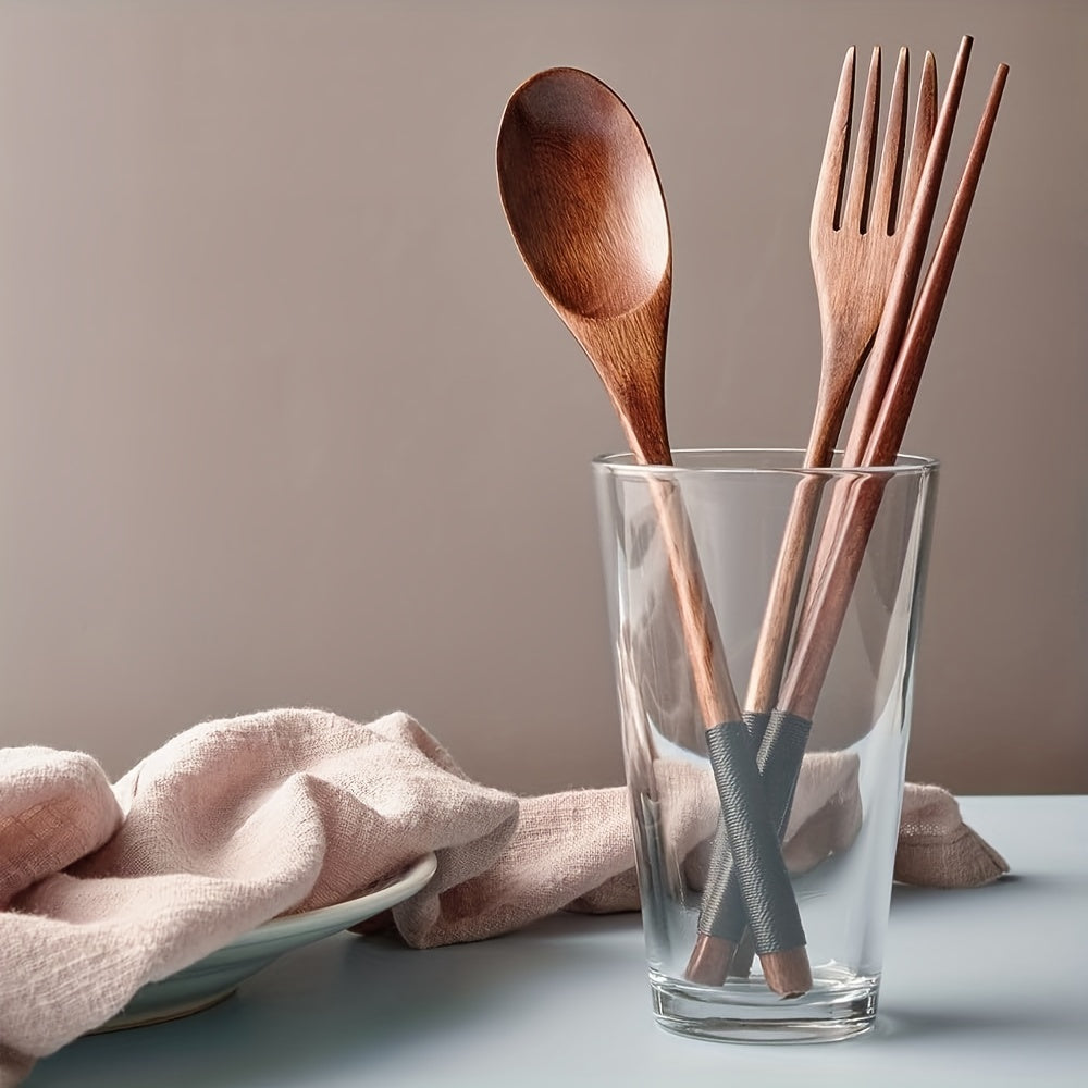 Japanese Style Wooden Flatware Set with Retro Cloth Pouch