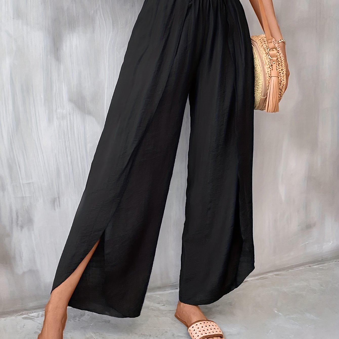 Solid Elastic Waist Split Pants Casual Wide Leg Pants Women's Clothing