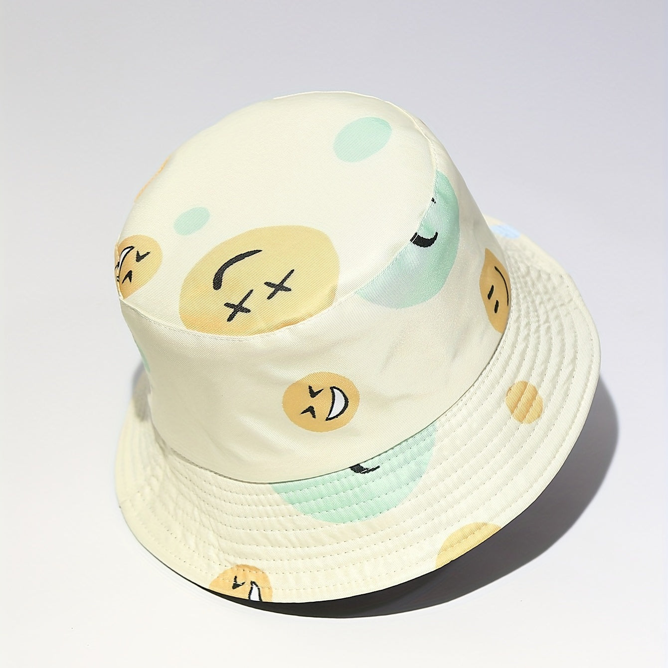 Cartoon Smiling Print Bucket Hat Yellow Lightweight Sunscreen Fisherman Cap