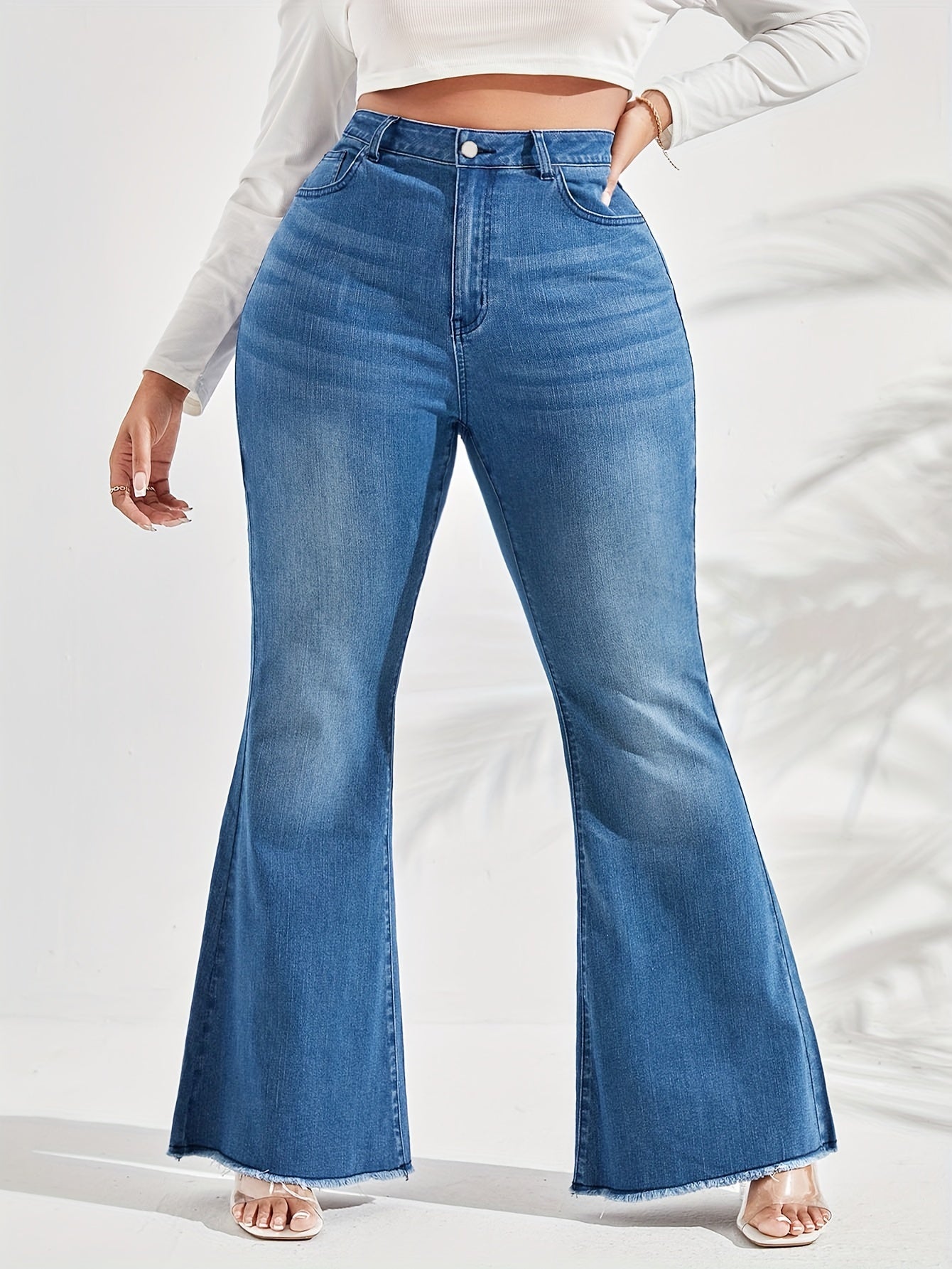 Washed Button Fly Flared Leg Jeans with Fringe Trim