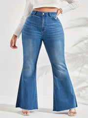 Washed Button Fly Flared Leg Jeans with Fringe Trim