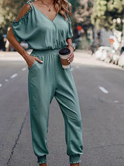 Shirred Waist Cold Shoulder Jumpsuit Casual V neck Jumpsuit Spring & Summer