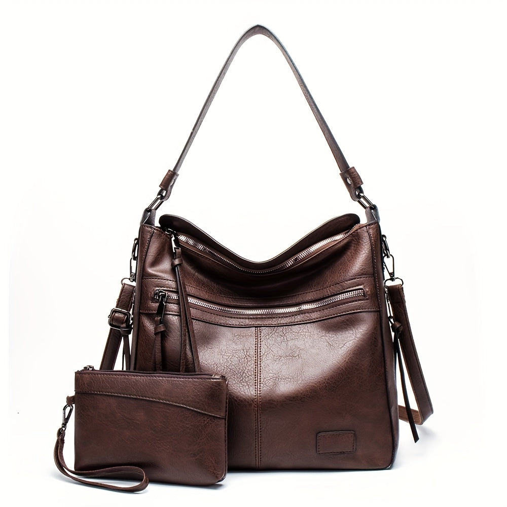 2pcs Large Capacity Tote Bag Set PU Leather Shoulder Wristlet Purse