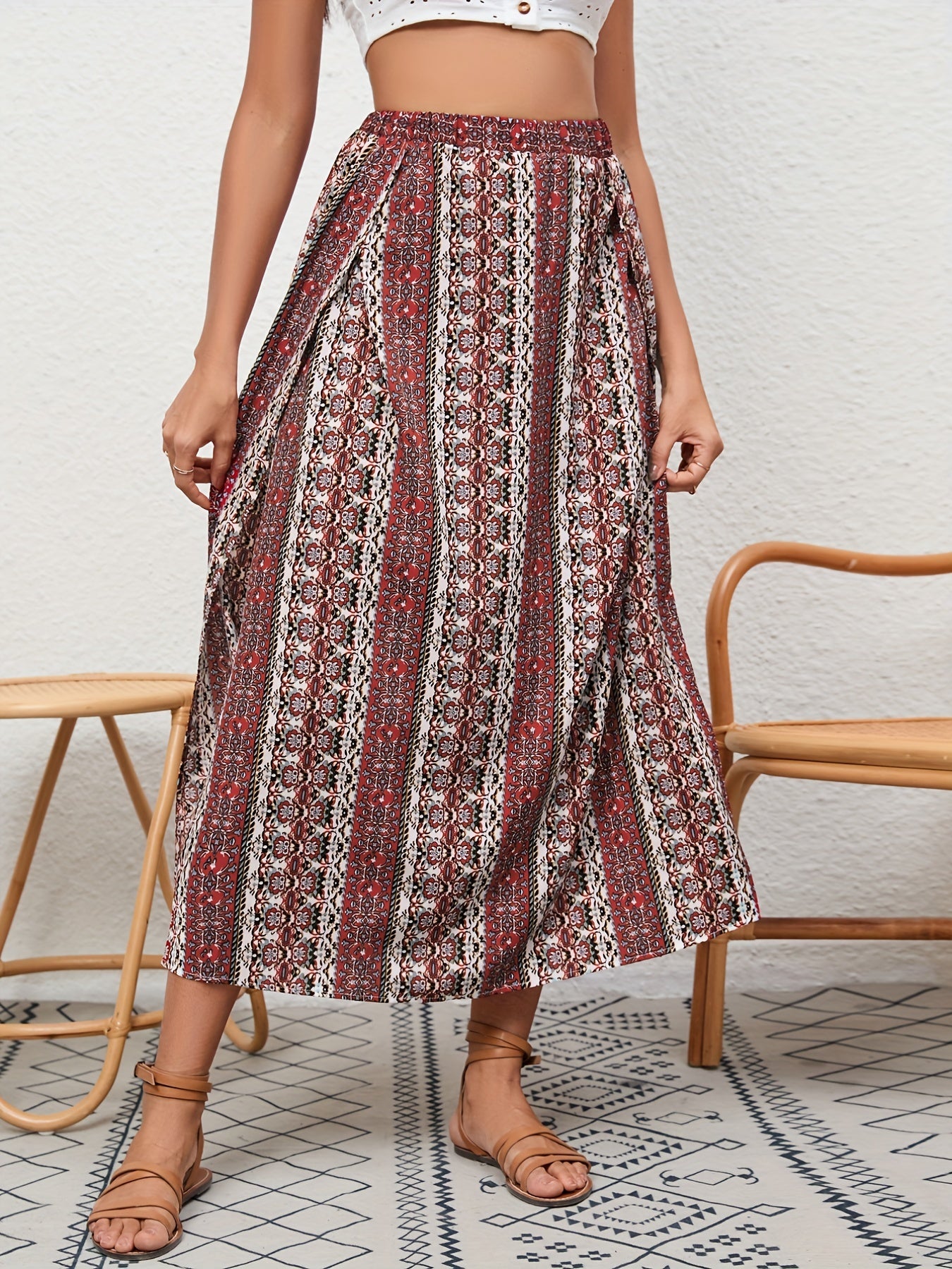Boho Side Slit Maxi Skirt Random Print Vacation Casual Skirt