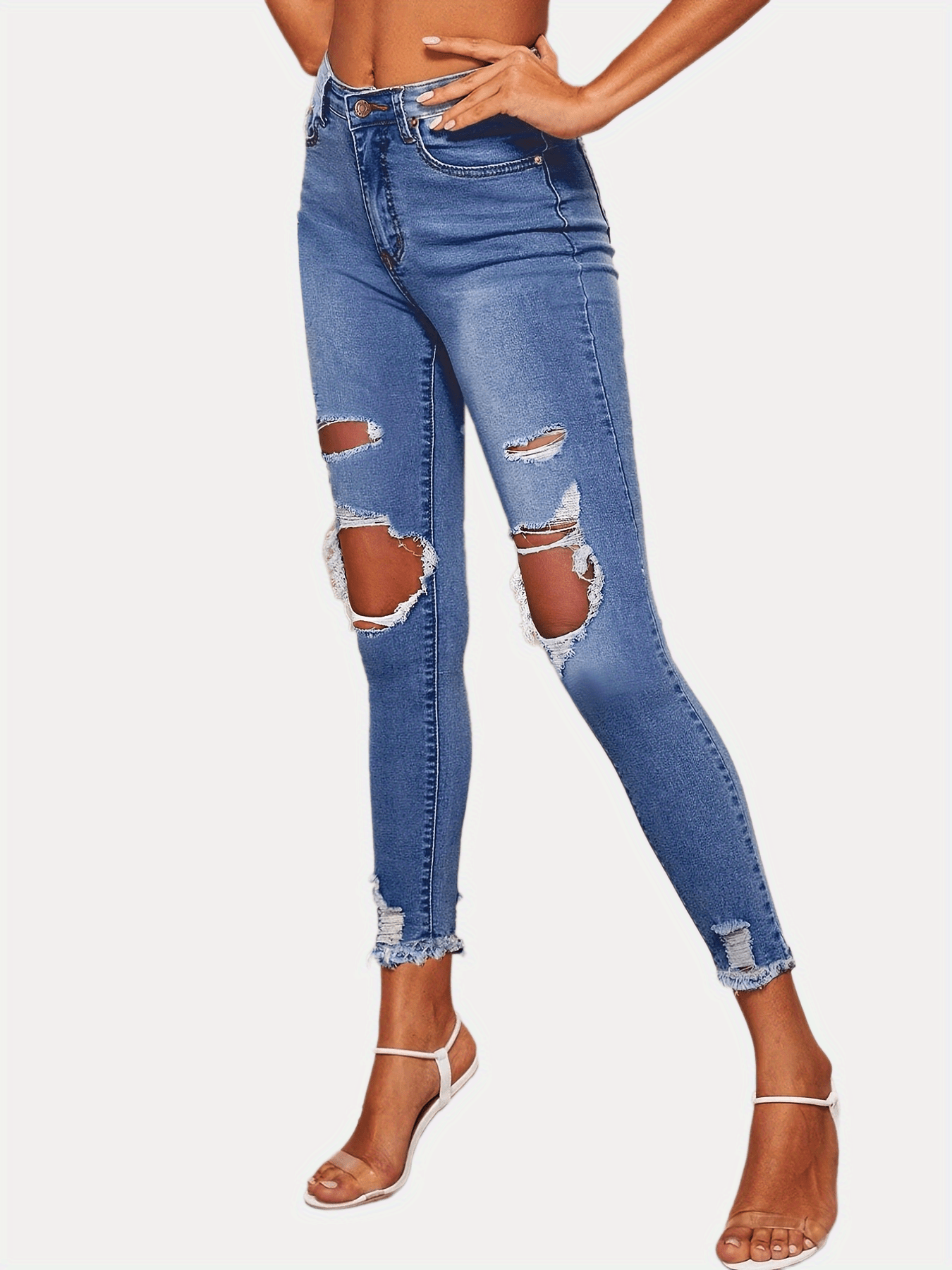 High Waist Distressed Skinny Jeans Casual Denim Pants