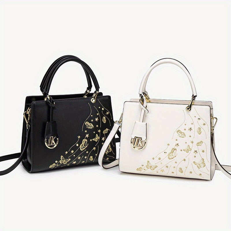 Geometric Floral Crossbody Bag Golden Tone Zipper Closure Polyester Lining