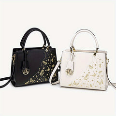 Geometric Floral Crossbody Bag Golden Tone Zipper Closure Polyester Lining