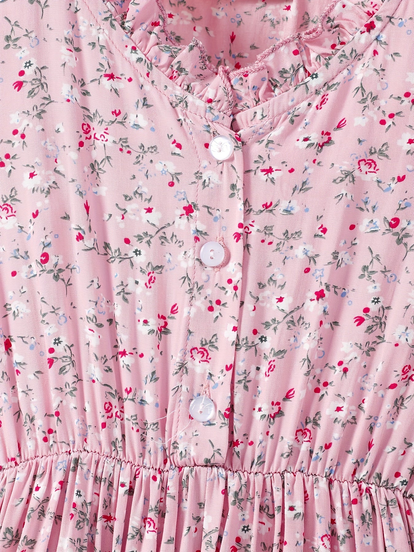 Girls' Floral Button V Neck Short Sleeve Casual Dress