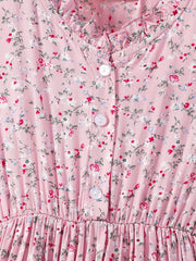 Girls' Floral Button V Neck Short Sleeve Casual Dress