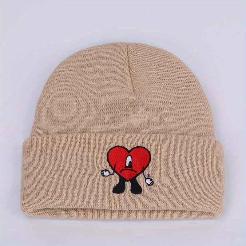 Heart Embroidery Beanie Unisex Warm Elastic Hip Hop Skull Cap