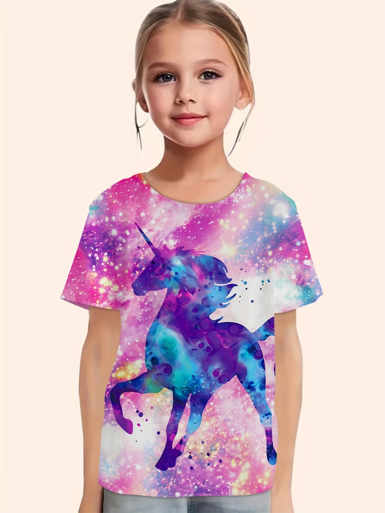 Girls Tie Dye Unicorn Print Short Sleeve T-shirt Summer Party Gift