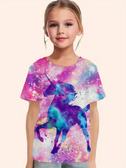 Girls Tie Dye Unicorn Print Short Sleeve T-shirt Summer Party Gift