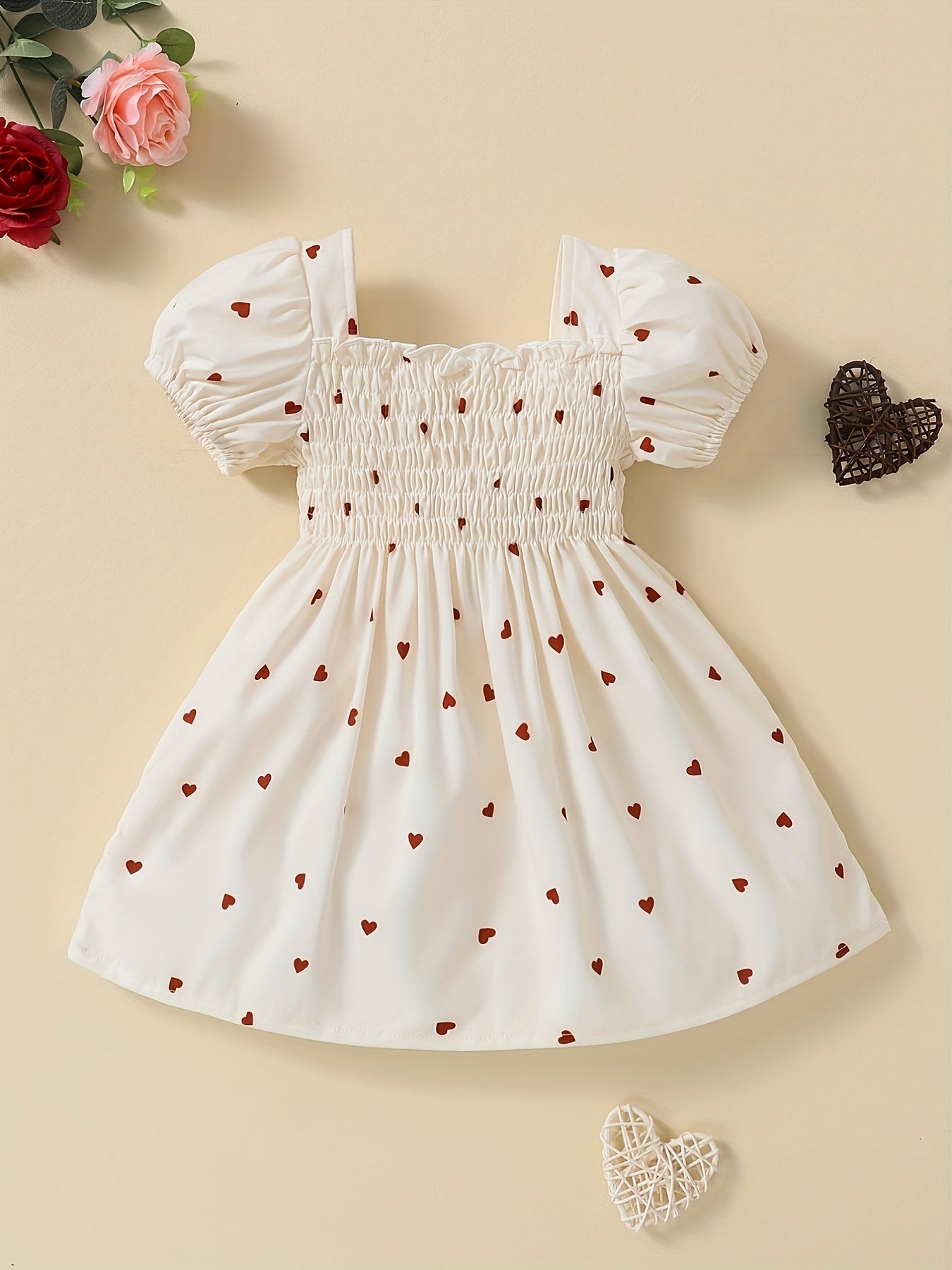 Newborn Princess Party Dress Sweet Heart Print Puff Sleeves Square Neck
