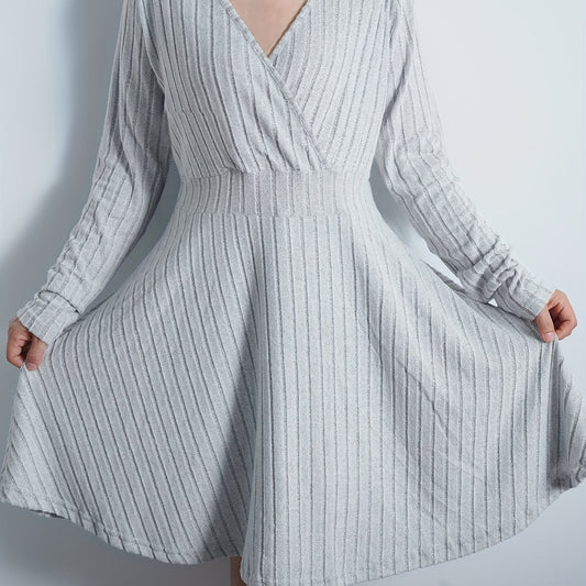 Solid Long Sleeve Surplice Neck Ribbed Knit Sweater Dress