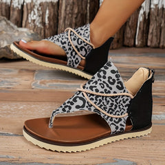 Leopard Print Thong Sandal Cross Strap Zipper Back Summer Flat Sandals Vacation