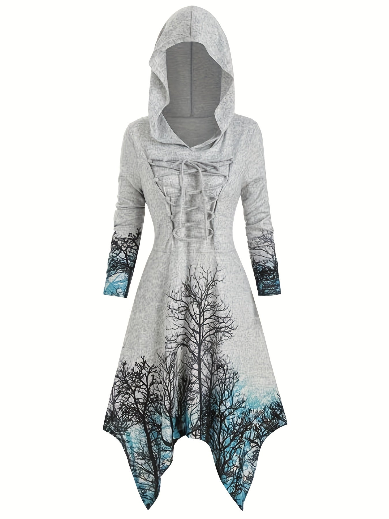 Gothic Graphic Print Hooded Dress Long Sleeve for Women